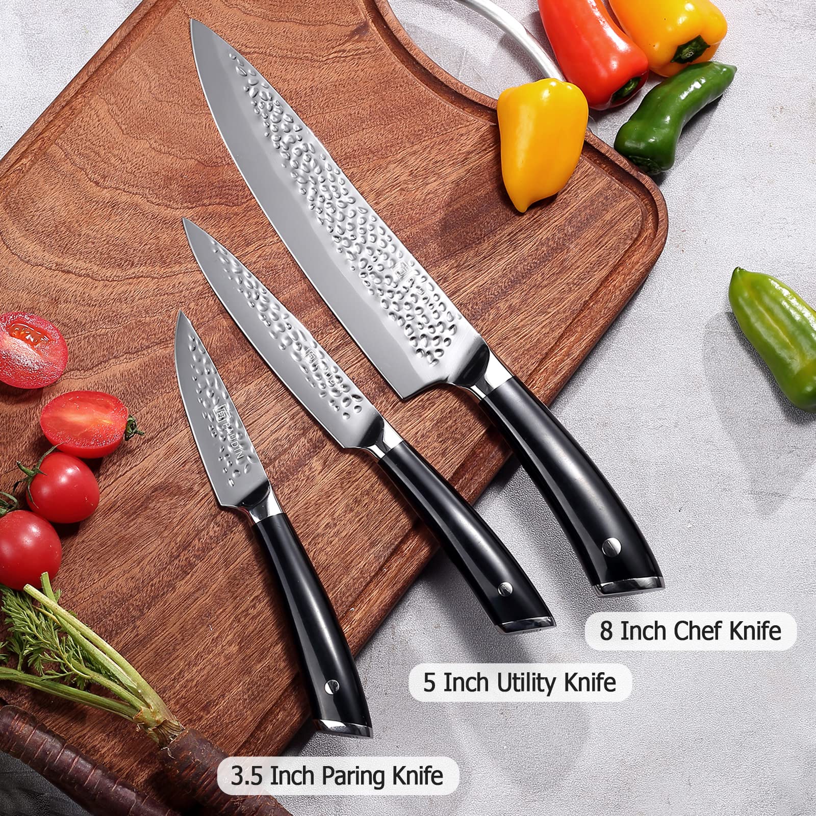 PAUDIN Kitchen Knives Set of 3, Sharp Chef Knife Set with Ergonomic ABS Handle, High Carbon Stainless Steel Knife Set, Professional Hammered Series Knives Set for Kitchen with Gift Box