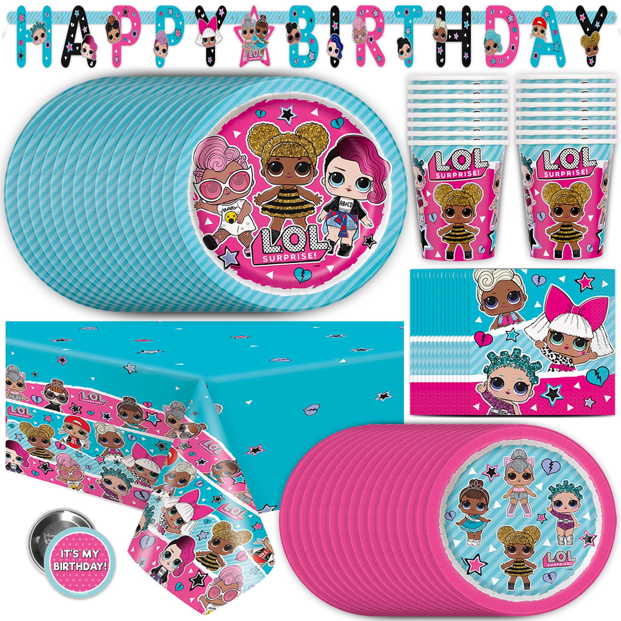 LOL Party Supplies Birthday Decorations | Serves 16 Guests | With Table Cover, Banner, Plates, Napkins, Cups, Button