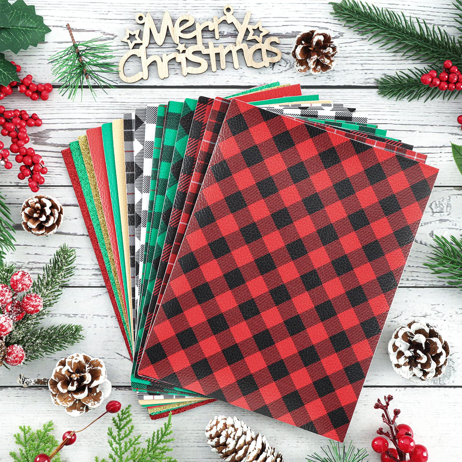 Whaline 15Pcs Buffalo Plaid Faux Leather Sheet Farmhouse Theme Christmas Synthetic Leather Red Green Gold Black White Glitter Fabric Crafts for Christmas Earring Hair Bow Gift DIY, 8.3 x 6.3 Inch