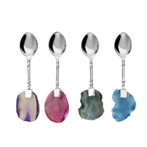 Artisan Silver Coffee Spoon with Crystal Accent - Dessert, Tea & Coffee Spoons Set of 4 - Handcrafted Coffee Spoons for Coffee Bar - Mixing & Stirring Spoons with Crystal Energy by Wanda Living