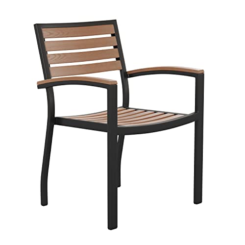 Flash Furniture Stackable Aluminum Patio Chair - All-Weather Black Framed Side Chair with Faux Teak Slats - Commercial Grade - Set of 2