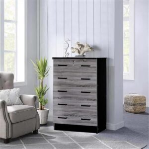 Better Home Products Cindy 5 Drawer Chest Wooden Dresser with Lock in Ebony