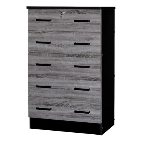 Better Home Products Cindy 5 Drawer Chest Wooden Dresser with Lock in Ebony