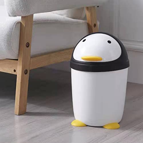 Penguin Plastic Trash Can with Lid Bedroom 7.5 Liter /2 Gallon Garbage Can Children Room Garbage Can Swing Lid Wastebasket Dustbin Organizer, White