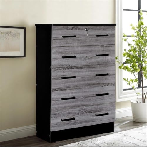 Better Home Products Cindy 5 Drawer Chest Wooden Dresser with Lock in Ebony