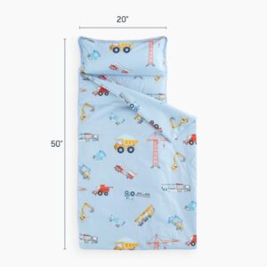 Wake In Cloud - Nap Mat with Removable Pillow for Kids Toddler Boys Girls Daycare Preschool Kindergarten Sleeping Bag, Cars Cranes Excavators Trucks Printed on Blue, 100% Cotton with Microfiber Fill