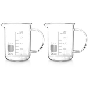 QWORK Beaker with Handle, 250ml/8.45oz, Measuring Cup, Borosilicate Glass, Beaker Mug with Pouring Spout, 2 Pack