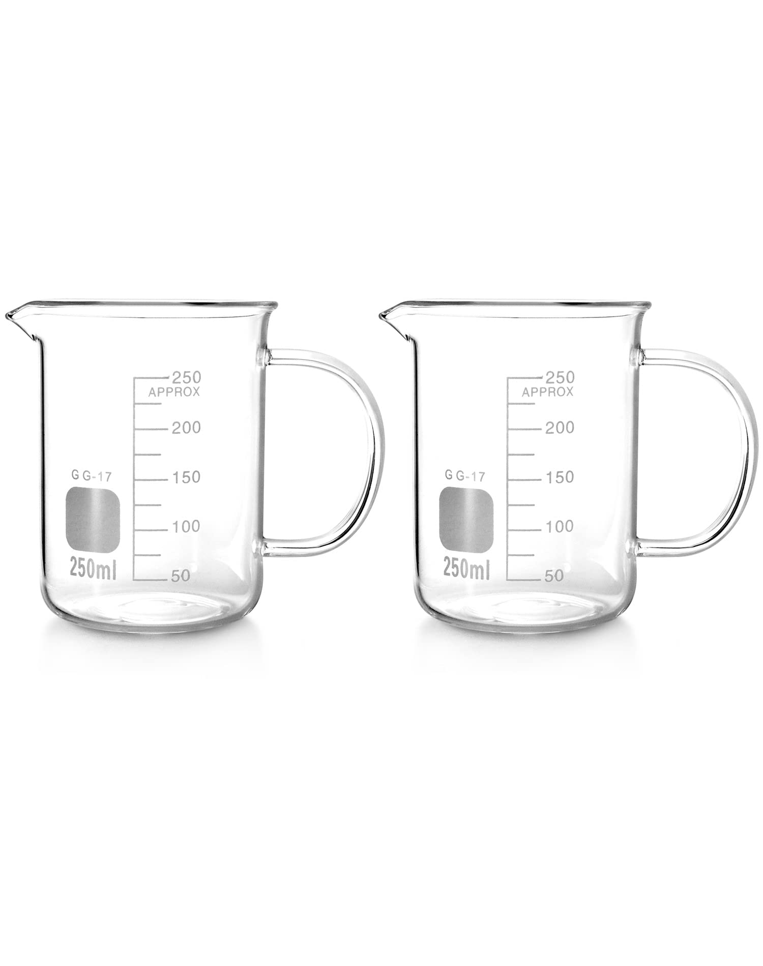 QWORK Beaker with Handle, 250ml/8.45oz, Measuring Cup, Borosilicate Glass, Beaker Mug with Pouring Spout, 2 Pack