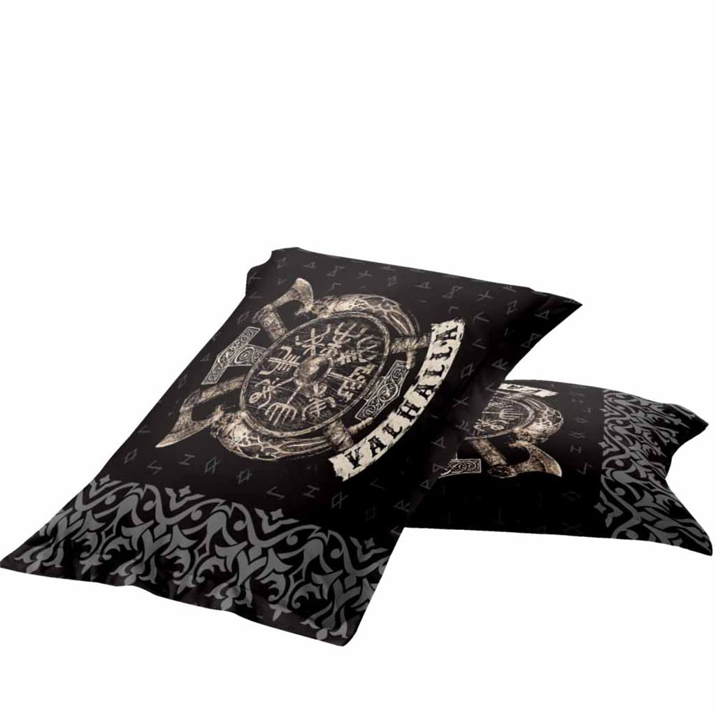 YCYR 3D Print Thor's Hammer Bedding Set, Norse Viking Mjolnir Shield Axes and Valhalla Rune Quilt Covers & Pillowcase Queen Comforter,Black,228 X 228 cm