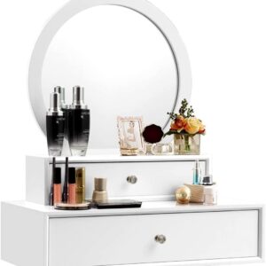 Byroce Vanity Mirror, Space-Saving Wall Mounted & Table Placed Makeup Vanity Mirror, Floating Vanity Shelves with 2 Removable Drawers for Hallway, Sink, Bathroom (White)