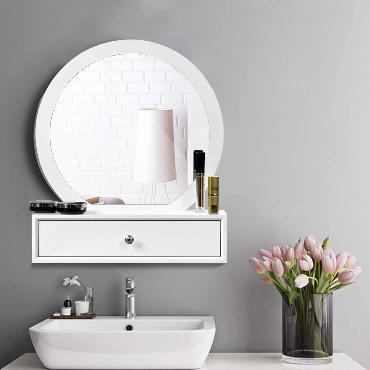 Byroce Vanity Mirror, Space-Saving Wall Mounted & Table Placed Makeup Vanity Mirror, Floating Vanity Shelves with 2 Removable Drawers for Hallway, Sink, Bathroom (White)