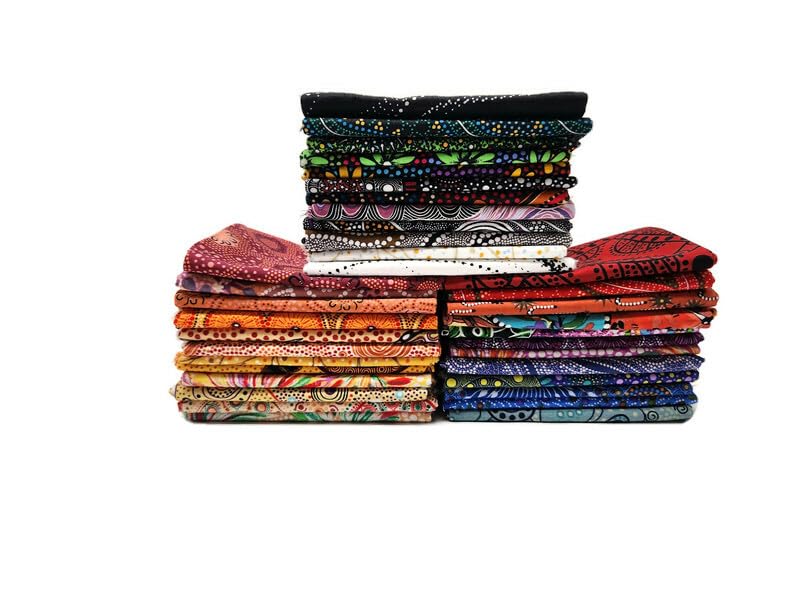 Fields 10 Fat Quarters - Assorted Australian Aboriginal M&S Textiles Nambooka Kangaroos Aborigine Indigenous Outback Bush Camp Goanna Waterhole Quality Quilters Cotton Fabric Bundle M491.15