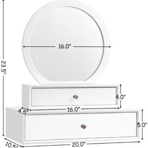 Byroce Vanity Mirror, Space-Saving Wall Mounted & Table Placed Makeup Vanity Mirror, Floating Vanity Shelves with 2 Removable Drawers for Hallway, Sink, Bathroom (White)