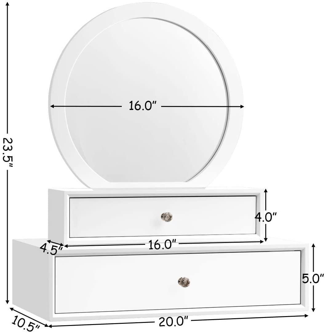 Byroce Vanity Mirror, Space-Saving Wall Mounted & Table Placed Makeup Vanity Mirror, Floating Vanity Shelves with 2 Removable Drawers for Hallway, Sink, Bathroom (White)