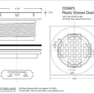 Westbrass D206PS-62 4-1/4" Square Grate Shower Drain Cover with 2" SCH 40 PVC Drain Pipe, Matte Black