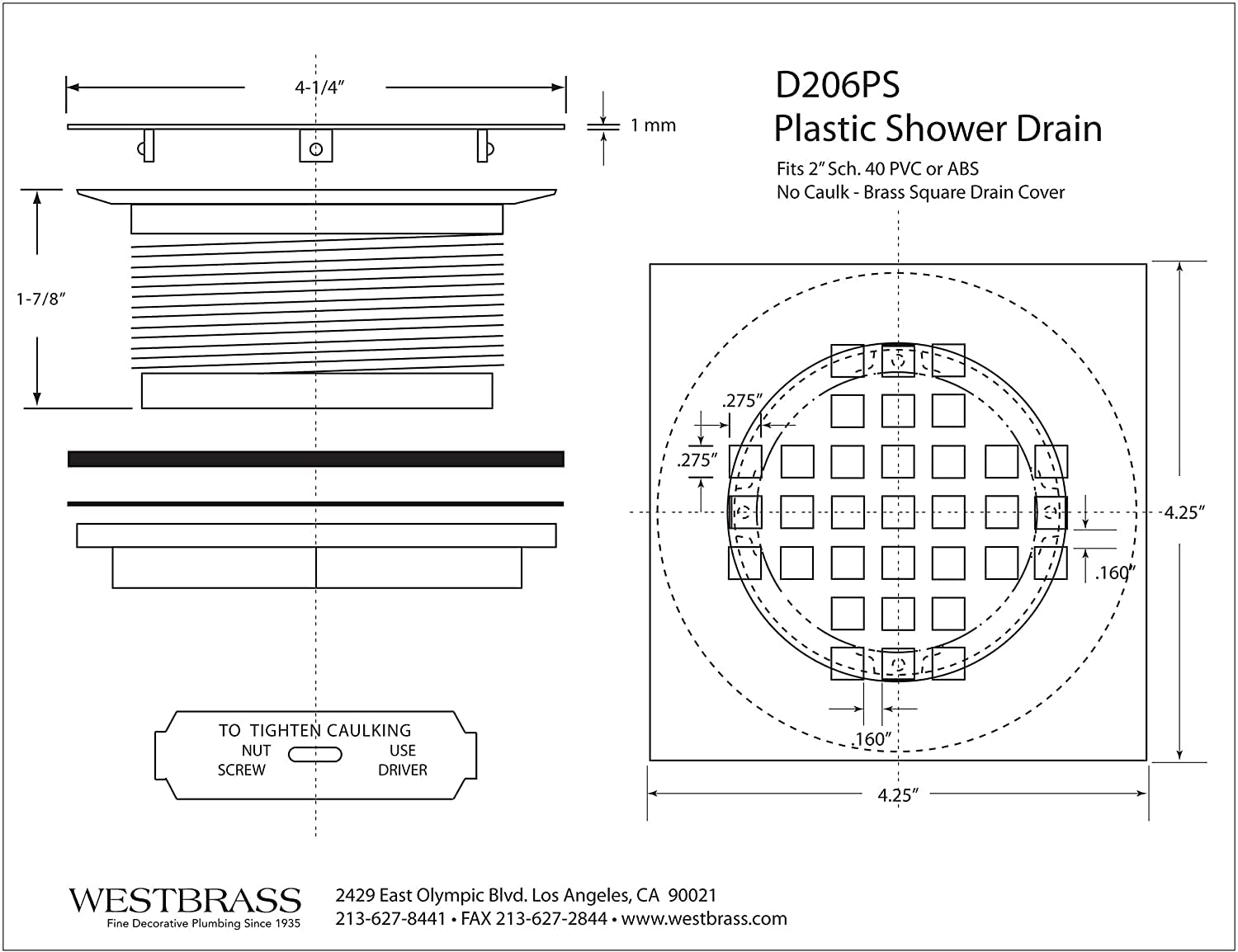 Westbrass D206PS-62 4-1/4" Square Grate Shower Drain Cover with 2" SCH 40 PVC Drain Pipe, Matte Black