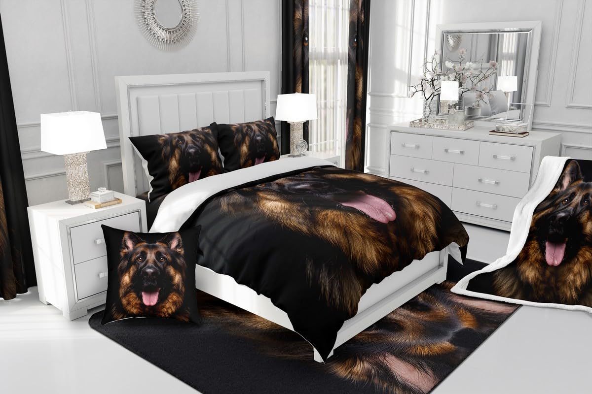 German Shepherd Bedding Set Twin Size for Kids Boys Bedroom,3D Puppy Dog Bed Duvet Cover Set,Police Dog Comforter Cover Cute Dogs Print Decor 2 Pieces 1 Duvet Cover with 1 Pillowcase No Comforter