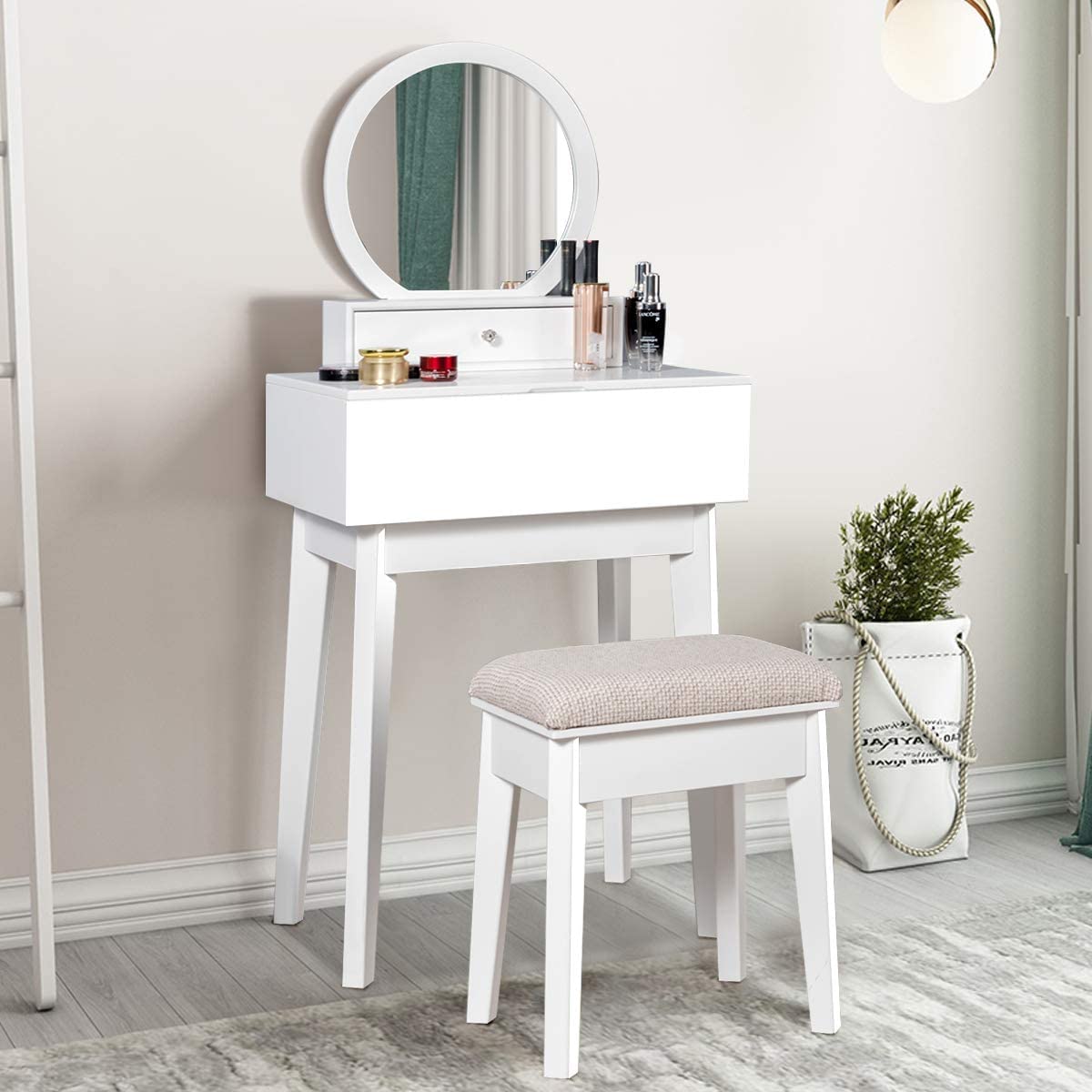 Byroce Vanity Mirror, Space-Saving Wall Mounted & Table Placed Makeup Vanity Mirror, Floating Vanity Shelves with 2 Removable Drawers for Hallway, Sink, Bathroom (White)