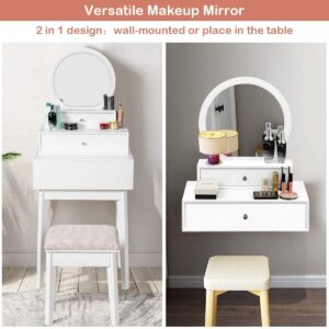 Byroce Vanity Mirror, Space-Saving Wall Mounted & Table Placed Makeup Vanity Mirror, Floating Vanity Shelves with 2 Removable Drawers for Hallway, Sink, Bathroom (White)