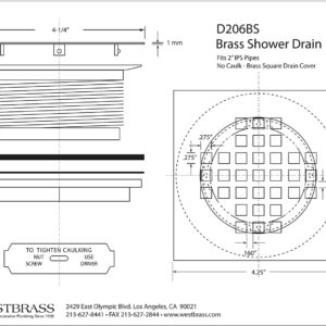 Westbrass D206BS-62 4-1/4" Square Grate Shower Drain Cover with 2" Brass Drain Pipe, Matte Black