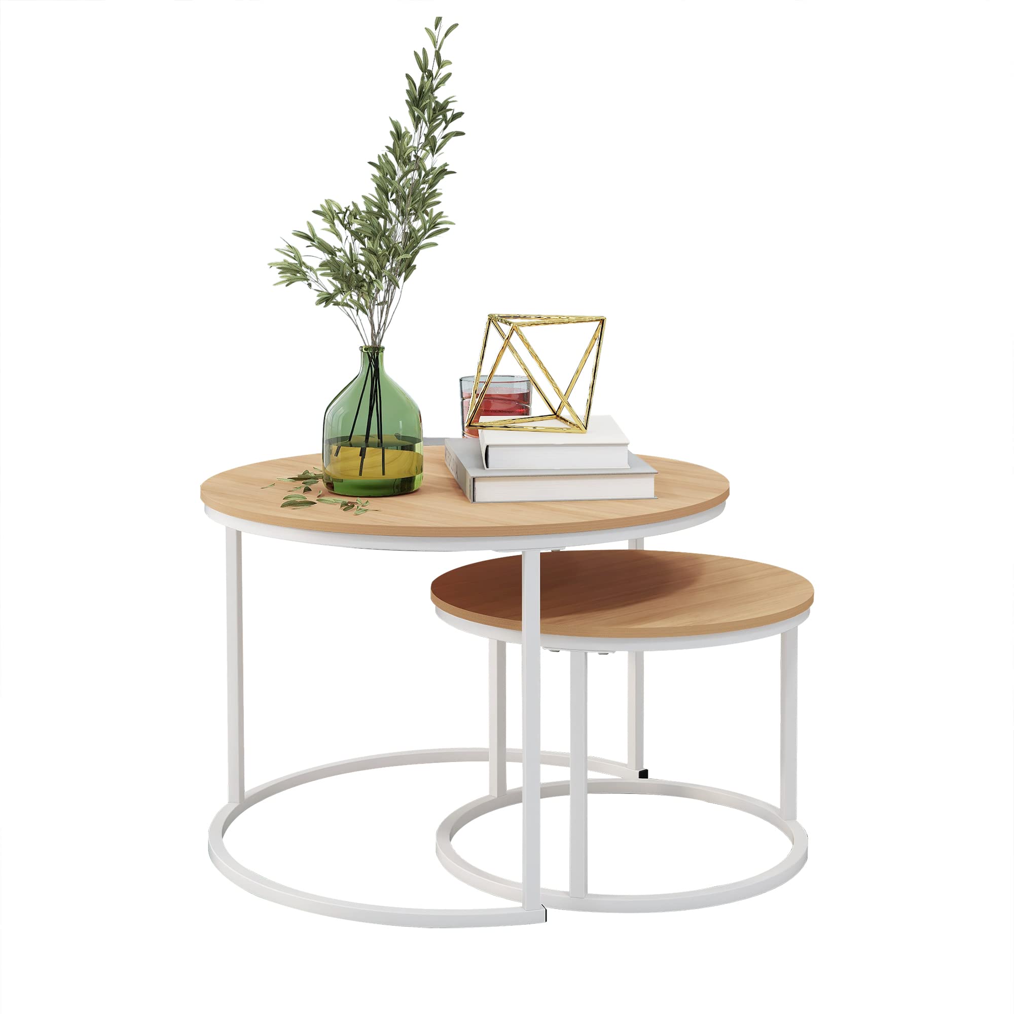 HOJINLINERO Industrial Round Coffee Table Set of 2 End Table for Living Room,Stacking Side Tables, Sturdy and Easy Assembly,Wood Look Accent Furniture with Metal Frame,White+Teak OAKDK