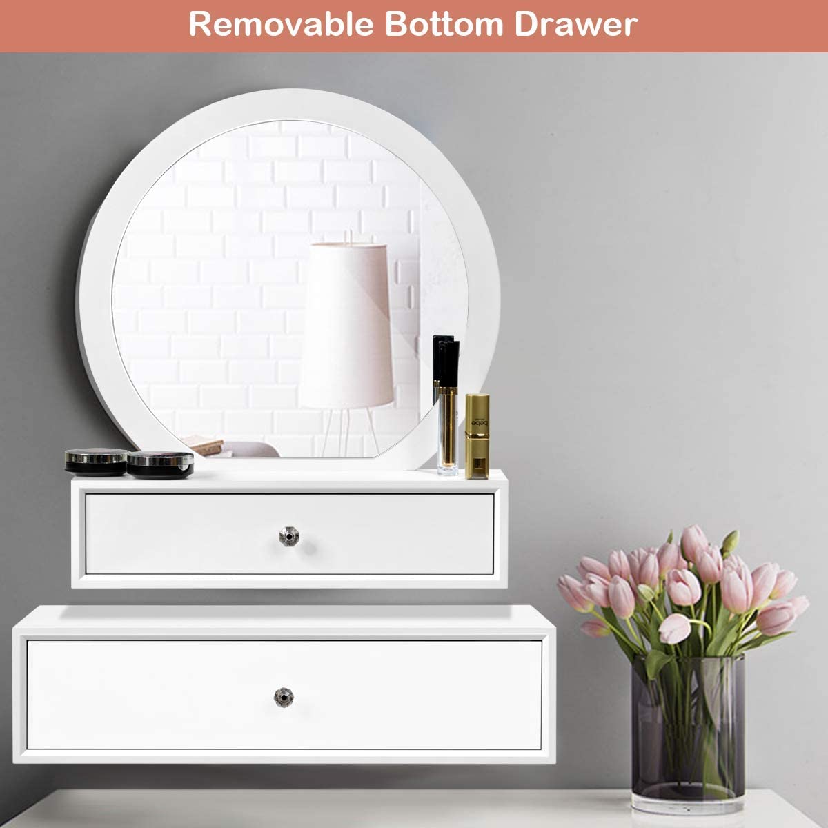 Byroce Vanity Mirror, Space-Saving Wall Mounted & Table Placed Makeup Vanity Mirror, Floating Vanity Shelves with 2 Removable Drawers for Hallway, Sink, Bathroom (White)