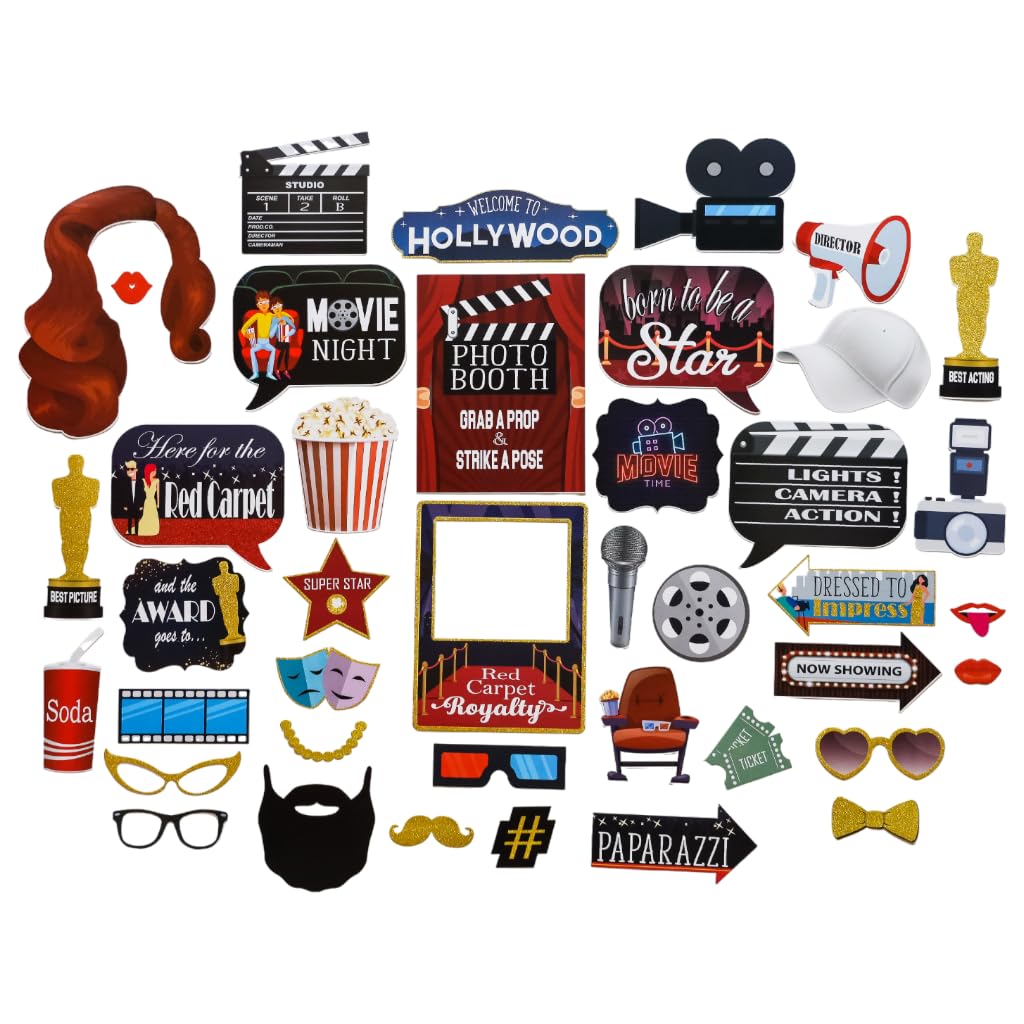 Hollywood Photo Booth Props - 41-pc Photobooth Kit with 8 x 10-Inch Sign, 60 Adhesive Pads, 45 Sticks - Movie Night Supplies - Hollywood Party Decorations