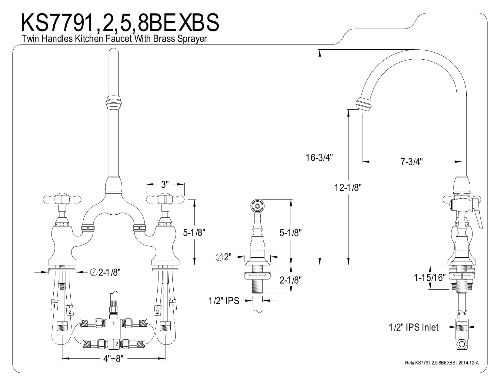 Kingston Brass KS7791BEXBS Essex Bridge Kitchen Faucet, Polished Chrome, 8 x 7.75 x 16.75