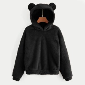 Kaniem Women's Cute Teddy Bear Fleece Hoodie Sweatshirt Coat Warm Bear Shape Teen Fuzzy Long Sleeve Sweater Pullover(Black,M)