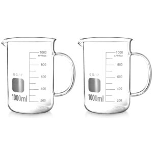 QWORK Beaker with Handle, 1000ml/33.81oz, Measuring Cup, Borosilicate Glass, Beaker Mug with Pouring Spout, 2 Pack