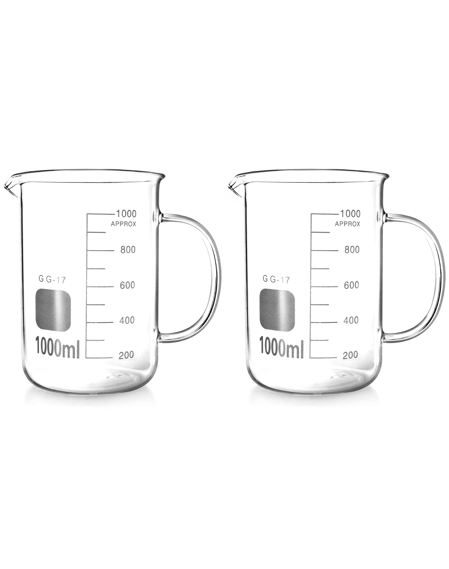 QWORK Beaker with Handle, 1000ml/33.81oz, Measuring Cup, Borosilicate Glass, Beaker Mug with Pouring Spout, 2 Pack