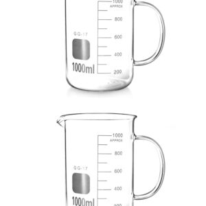 QWORK Beaker with Handle, 1000ml/33.81oz, Measuring Cup, Borosilicate Glass, Beaker Mug with Pouring Spout, 2 Pack