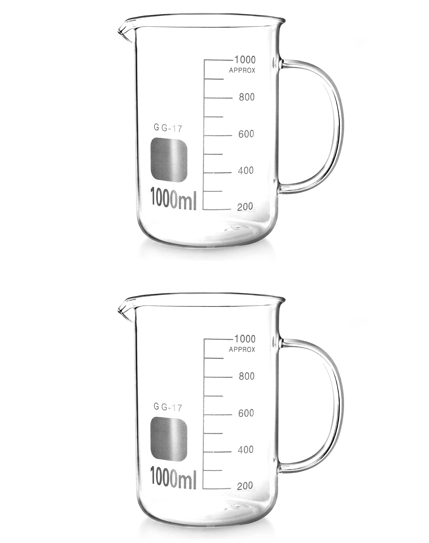 QWORK Beaker with Handle, 1000ml/33.81oz, Measuring Cup, Borosilicate Glass, Beaker Mug with Pouring Spout, 2 Pack