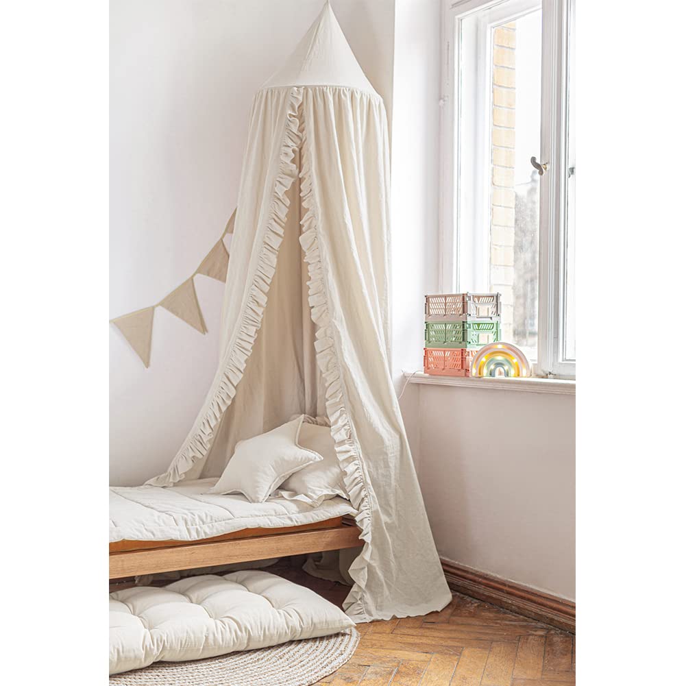 MOMAID Bed Canopy with Frills Reading Nook Game Tent for Kids Boho Hanging Net Play Room Decor(Beige)