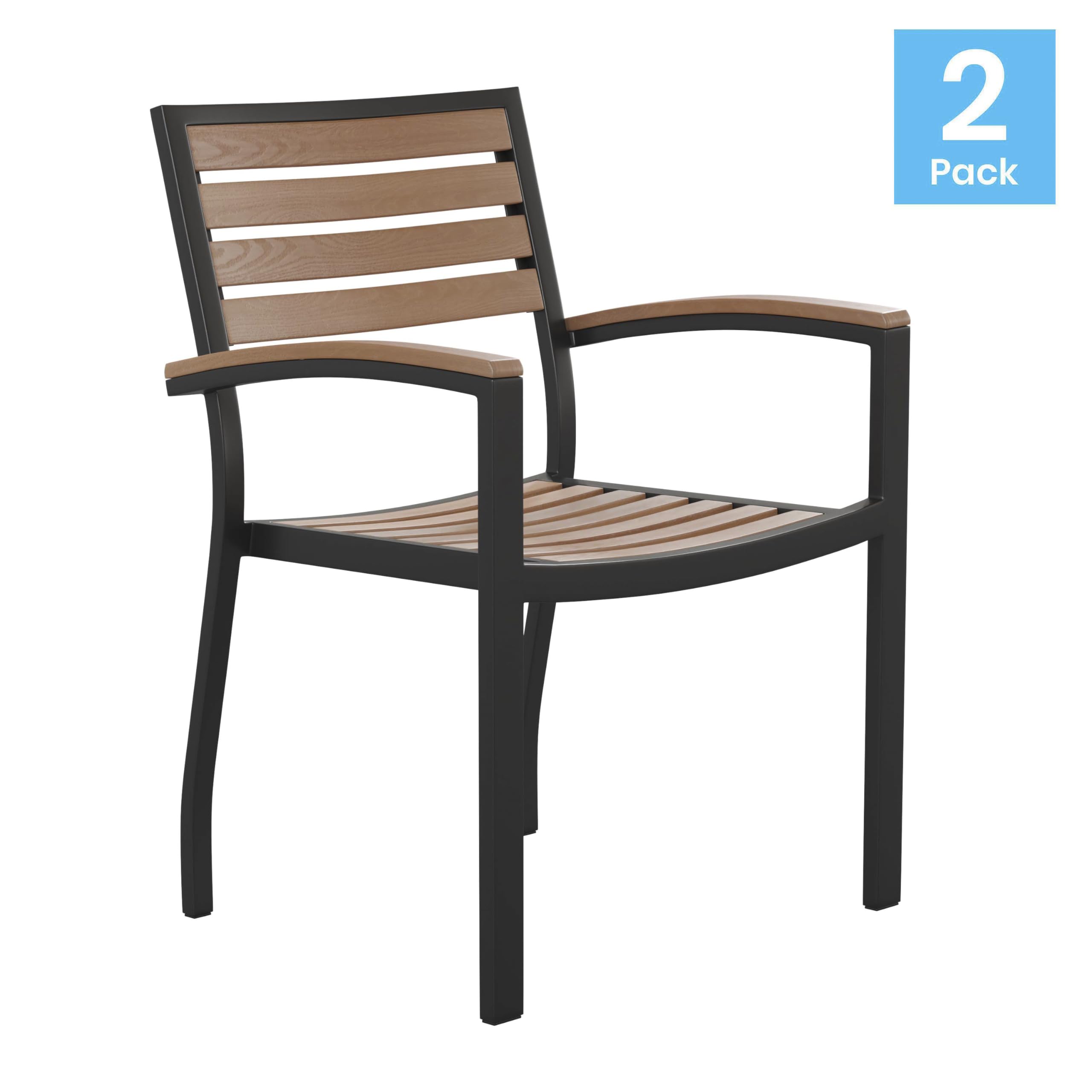 Flash Furniture Stackable Aluminum Patio Chair - All-Weather Black Framed Side Chair with Faux Teak Slats - Commercial Grade - Set of 2