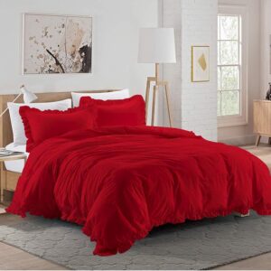 Xtream Fabric 1 Piece Frilled Duvet Cover with Corner Edge Ruffle Comforter Cover & 2 Pillowcase, 3 PCs Frilled Duvet Set Cotton 800 TC King/California King Size, Red