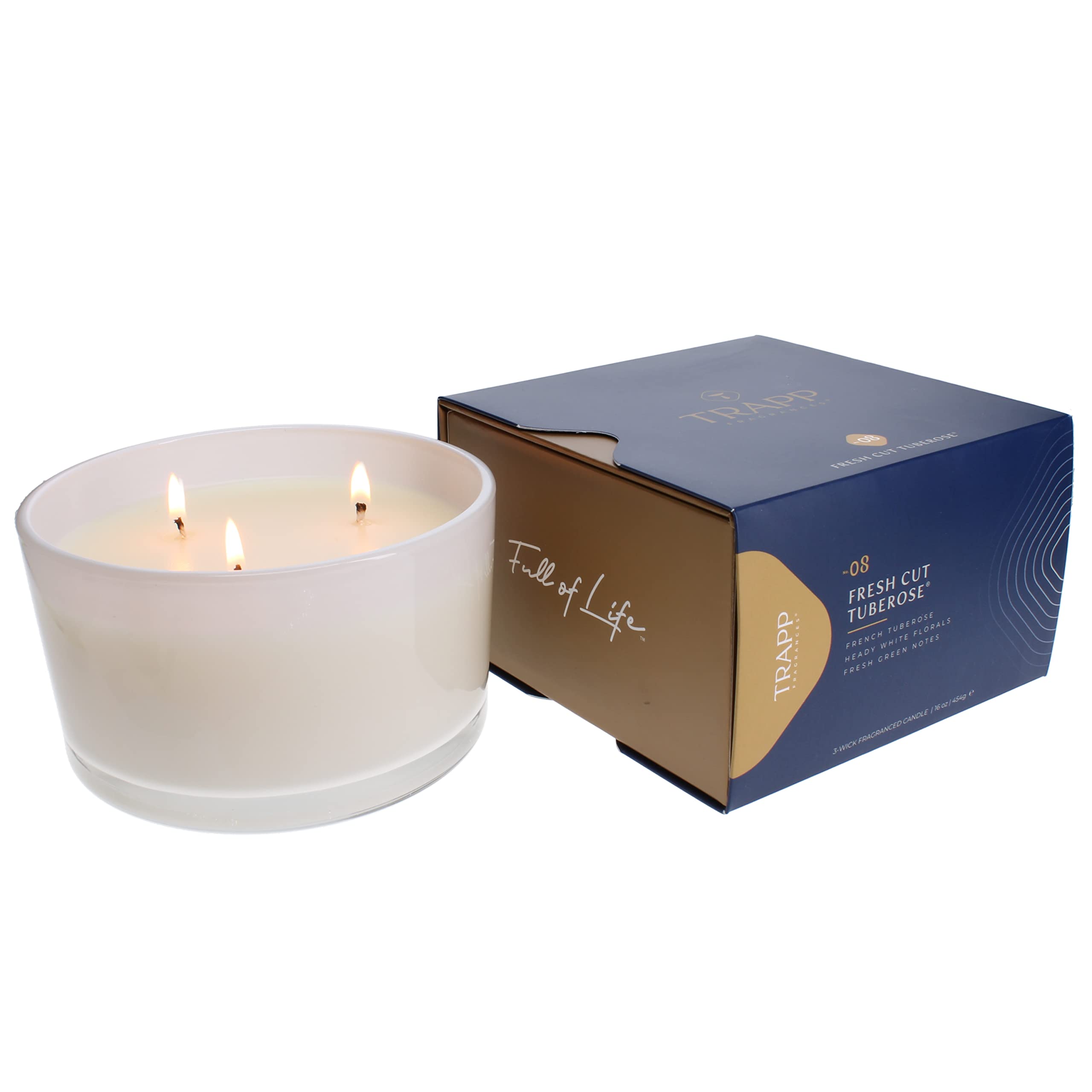 Trapp - No. 8 Fresh Cut Tuberose - 16 oz. 3-Wick Candle - Aromatic Home Fragrance with Floral Scent of French Tuberose, Heady White Florals, & Fresh Green Notes Notes - Soy Wax Blend