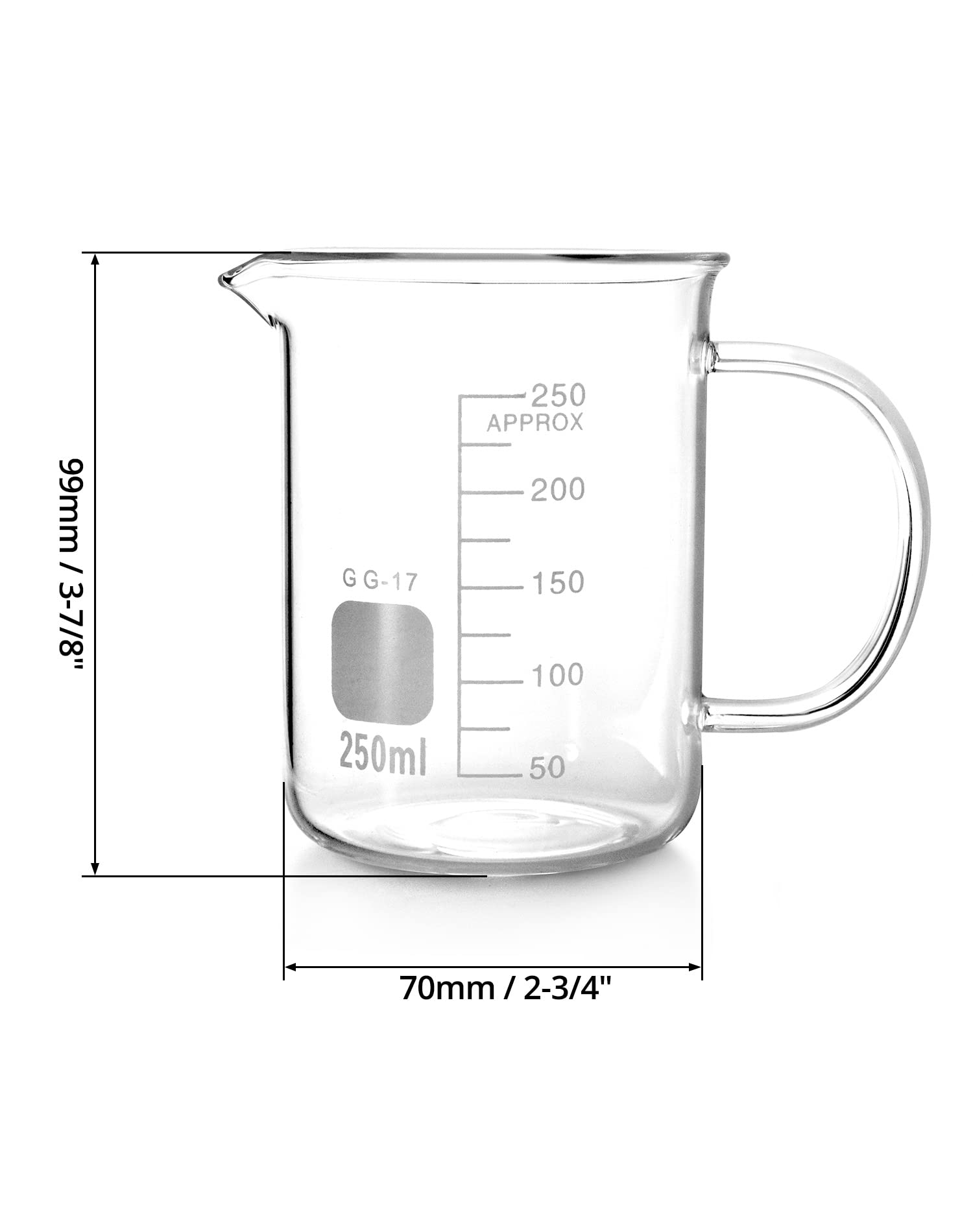 QWORK Beaker with Handle, 250ml/8.45oz, Measuring Cup, Borosilicate Glass, Beaker Mug with Pouring Spout, 2 Pack