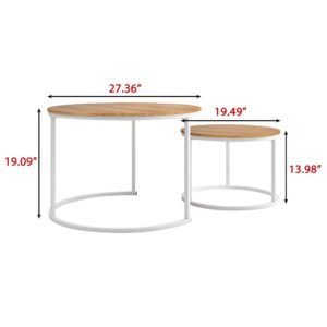 HOJINLINERO Industrial Round Coffee Table Set of 2 End Table for Living Room,Stacking Side Tables, Sturdy and Easy Assembly,Wood Look Accent Furniture with Metal Frame,White+Teak OAKDK