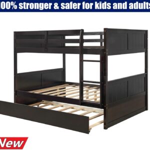 AOOMEEC Higher Quality and Stronger Solid Wood Bunk Bed Full Over Full with Trundle for Kids Teens Boys Girls Adults, Thicken More Stable Full Over Full Bunk Bed Frame, Easier to Assemble (Espresso)