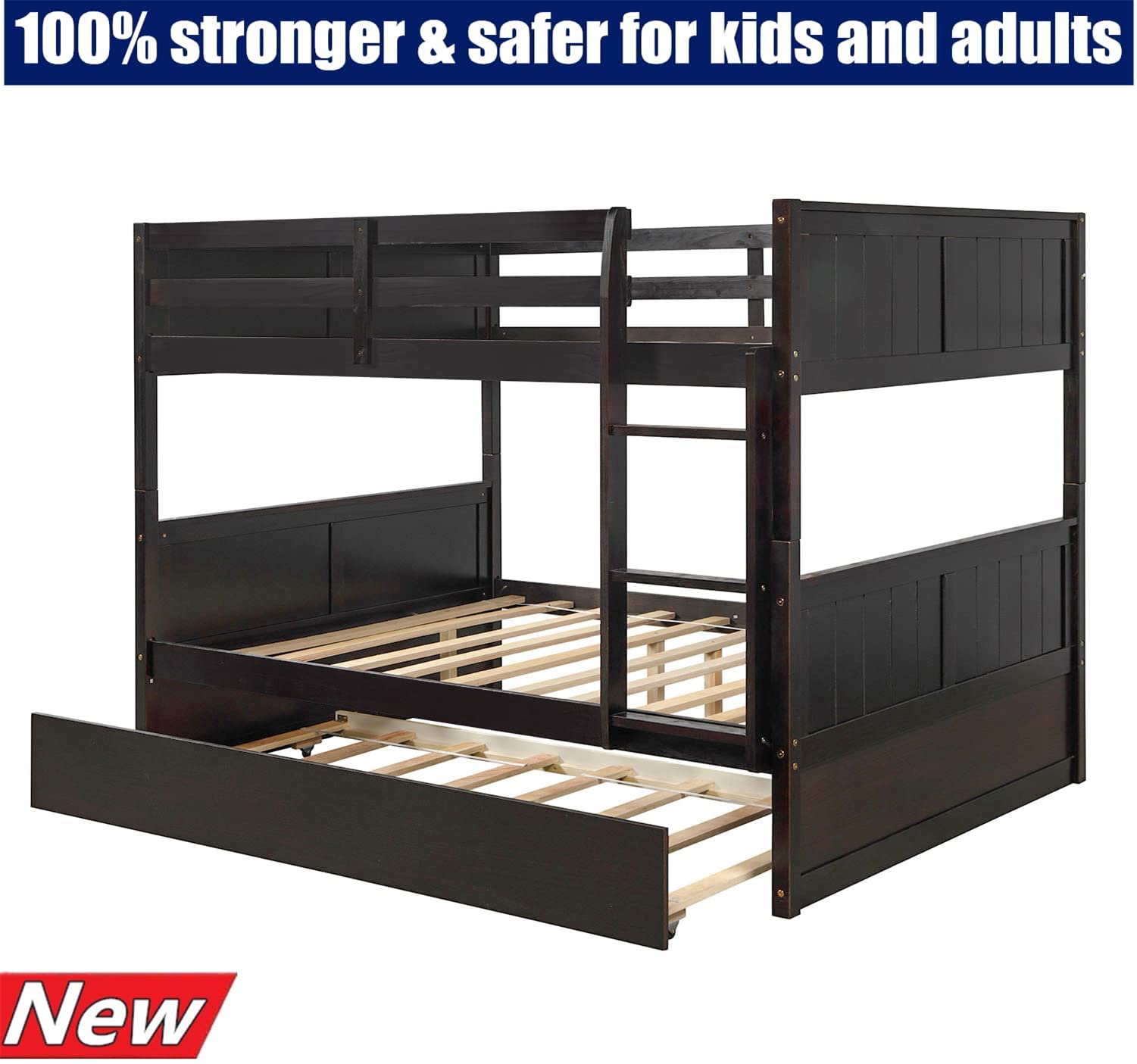 AOOMEEC Higher Quality and Stronger Solid Wood Bunk Bed Full Over Full with Trundle for Kids Teens Boys Girls Adults, Thicken More Stable Full Over Full Bunk Bed Frame, Easier to Assemble (Espresso)