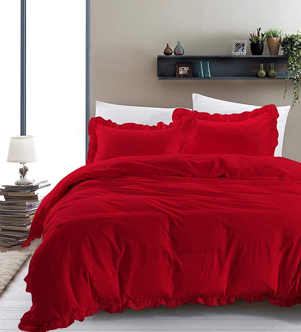 Xtream Fabric 1 Piece Frilled Duvet Cover with Corner Edge Ruffle Comforter Cover & 2 Pillowcase, 3 PCs Frilled Duvet Set Cotton 800 TC King/California King Size, Red