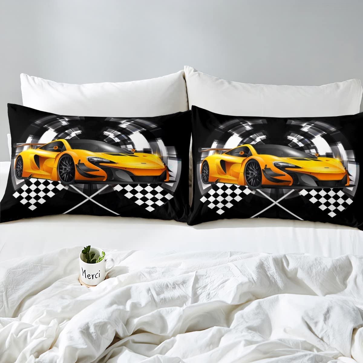 Manfei Yellow Race Car Fitted Sheet Twin Size, Black and White Grid Bed Cover, Extreme Sport Games Bedding Set 2pcs for Kids Teens Boys Man Room Decor,Soft Fashion Bed Sheets with 1 Pillowcase