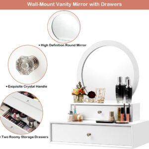 Byroce Vanity Mirror, Space-Saving Wall Mounted & Table Placed Makeup Vanity Mirror, Floating Vanity Shelves with 2 Removable Drawers for Hallway, Sink, Bathroom (White)