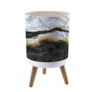 ibpnkfaz89 abstract marbling black and white marble with golden veins fake trash can with lid small garbage bin wood waste bin press cover round wastebasket for bathroom bedroom kitchen 7l/1.8 gallon