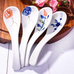 Japanese Ceramic Soup Spoons, 4 Pieces Porcelain Spoon for Noodle Ramen Oat