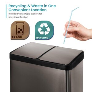 Home Zone Living 15.8 Gallon Kitchen Trash Can, Dual Removable Liners for Recycling and Trash, Wide Stainless Steel Shape, Black (7.9 + 7.9 for 15.8 Gallon Total)