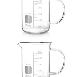 QWORK Beaker with Handle, 250ml/8.45oz, Measuring Cup, Borosilicate Glass, Beaker Mug with Pouring Spout, 2 Pack