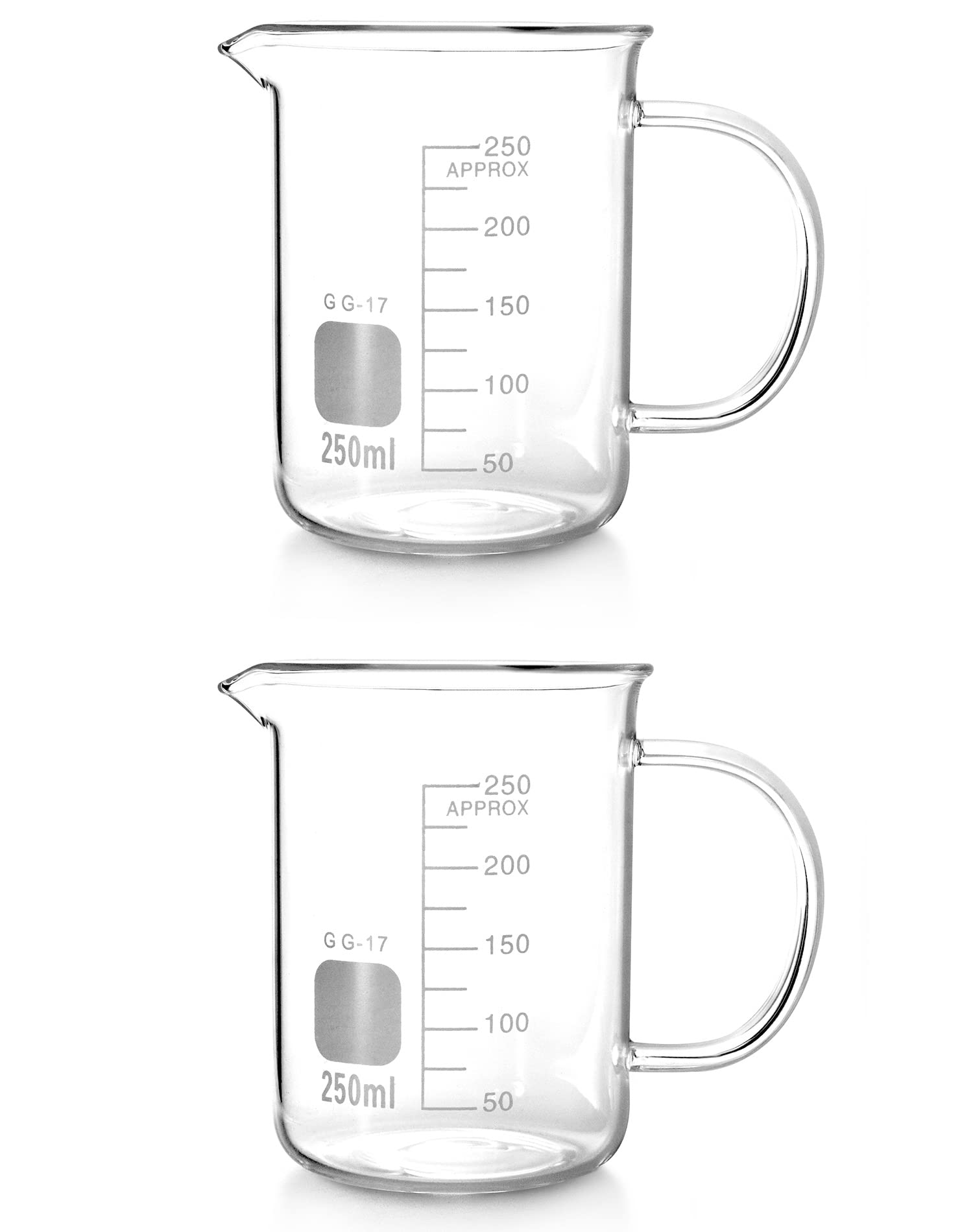 QWORK Beaker with Handle, 250ml/8.45oz, Measuring Cup, Borosilicate Glass, Beaker Mug with Pouring Spout, 2 Pack