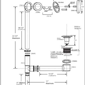 Westbrass D326H-62 22" 17 Ga. Brass Bath Waste & Overflow Assembly with Tip-Toe Drain Plug and Illusionary Faceplate, Matte Black